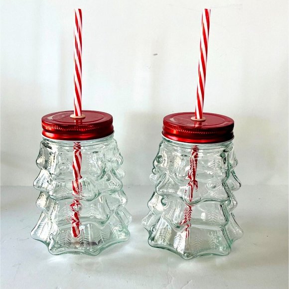 Amici Home Holiday Time 2 Clear Glass Christmas Tree Sipper with Red Lid Straw - Picture 1 of 14